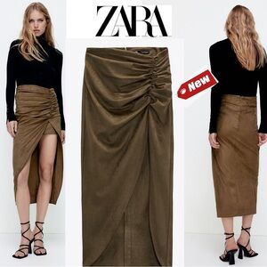 Zara olive army khaki green faux suede side ruched slit midi skirt Sz S NWT